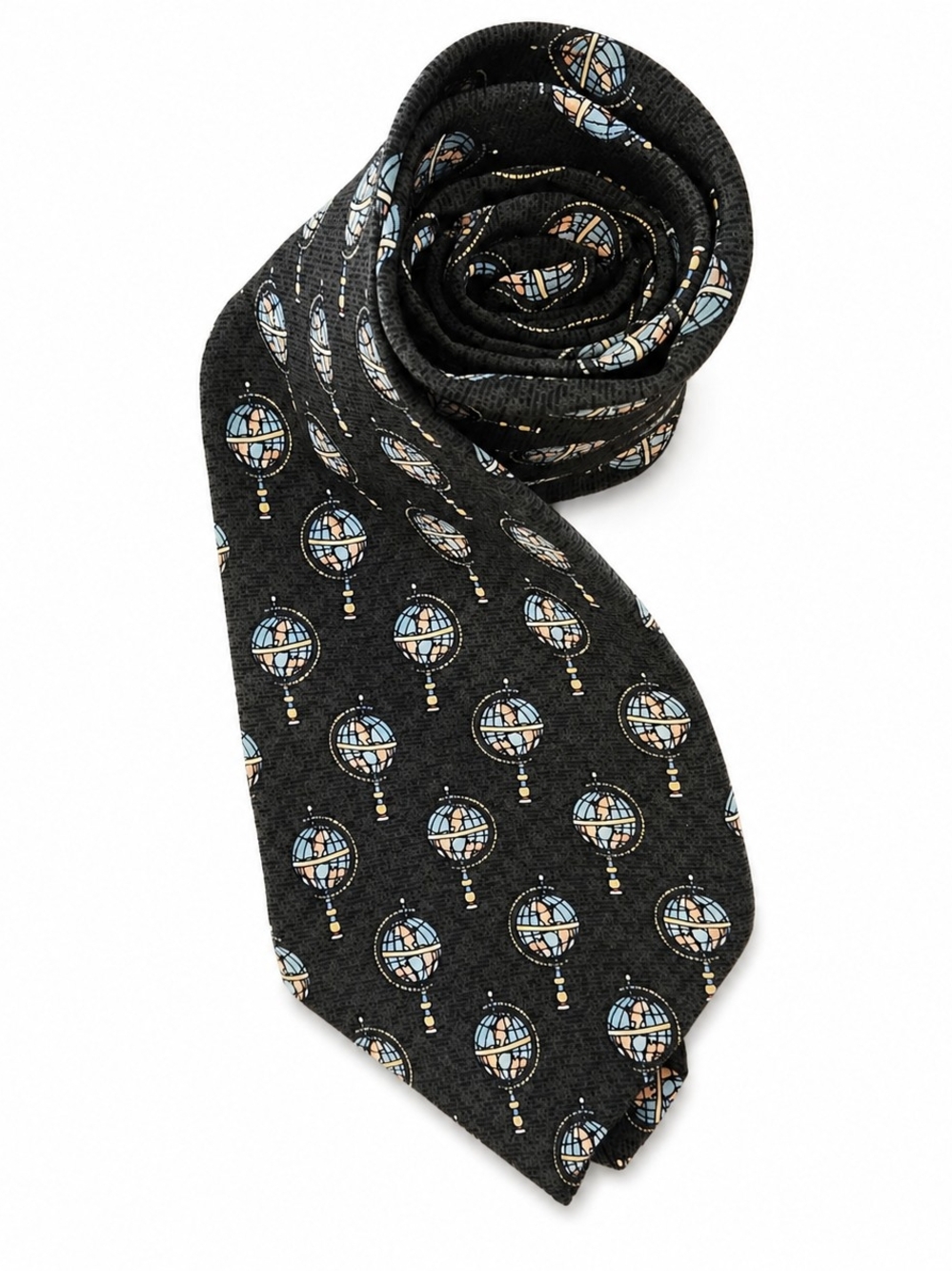 Structure Silk Tie Globe Print Black‎ Blue Geometric Necktie USA Vintage